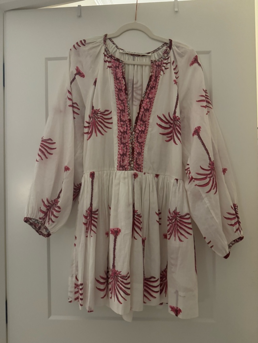 Alix Of Bohemia White Long-Sleeve Tunic Dress with Pink Floral Embroidery